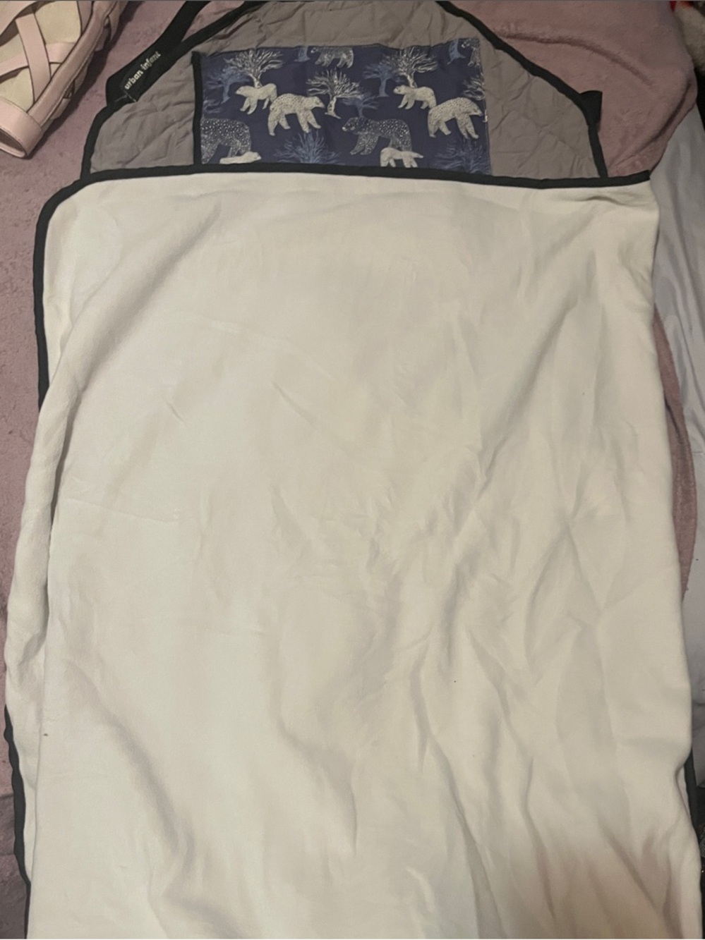 Plush White Sleeping Bag Cover with Black Trim and Navy Polar Bear Panel
